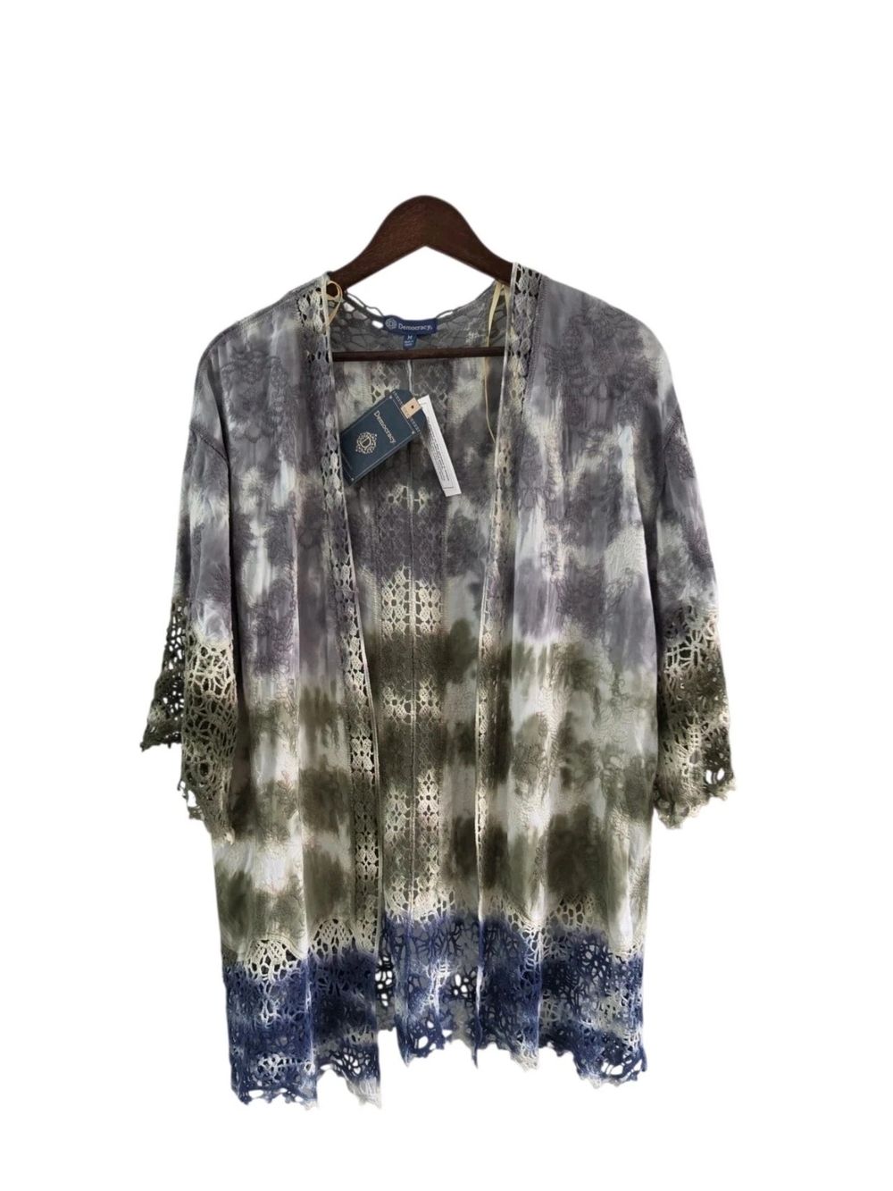 Democracy Tie Dye Open Front Kimono Cardigan Crochet Lace Trim Embroidered SZ M